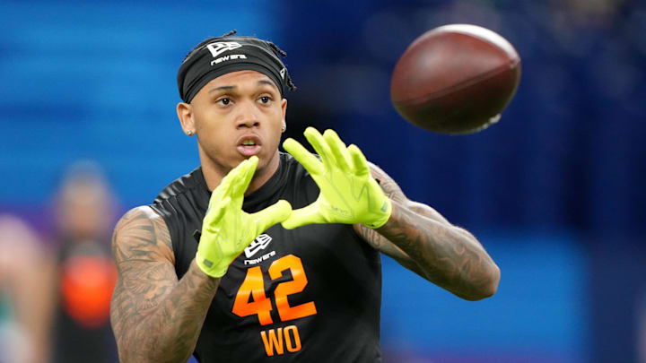 Feb 28, 2026; Indianapolis, IN, USA; Mississippi wideout Harrison Wallace III (WO42) during the NFL Scouting Combine at Lucas Oil Stadium. Mandatory Credit: Kirby Lee-Imagn Images