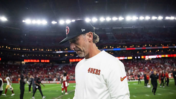Jan 5, 2025; Glendale, Arizona, USA; San Francisco 49ers head coach Kyle Shanahan reacts after losing to the Arizona Cardinals at State Farm Stadium. Mandatory Credit: Mark J. Rebilas-Imagn Images