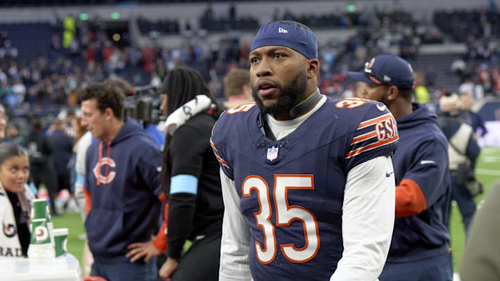 Oct 13, 2024; London, United Kingdom; Chicago Bears fullback Khari Blasingame (35) after an NFL International Series game at Tottenham Hotspur Stadium. Mandatory Credit: Peter van den Berg-Imagn Images