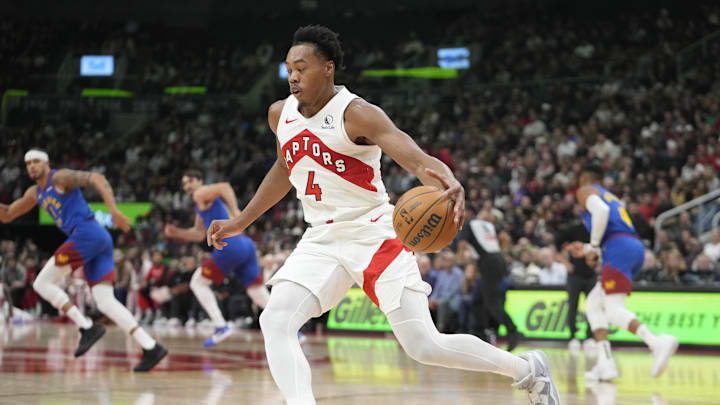 Oct 28, 2024; Toronto, Ontario, CAN; Toronto Raptors forward Scottie Barnes (4) heads up court against the Denver Nuggets during the first half at Scotiabank Arena. Mandatory Credit: John E. Sokolowski-Imagn Images