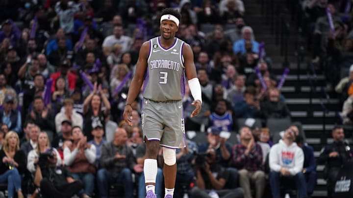 Nov 15, 2022; Sacramento, California, USA; Sacramento Kings guard Terence Davis (3) reacts after making a three point basket against the Brooklyn Nets in the fourth quarter at the Golden 1 Center. Mandatory Credit: Cary Edmondson-Imagn Images