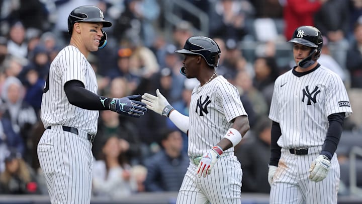 Mar 30, 2025; Bronx, New York, USA; New York Yankees second baseman Jazz Chisholm Jr. (13) celebrates his three run home run against the Milwaukee Brewers with right fielder Aaron Judge (99) and first baseman Paul Goldschmidt (48) during the seventh inning at Yankee Stadium.