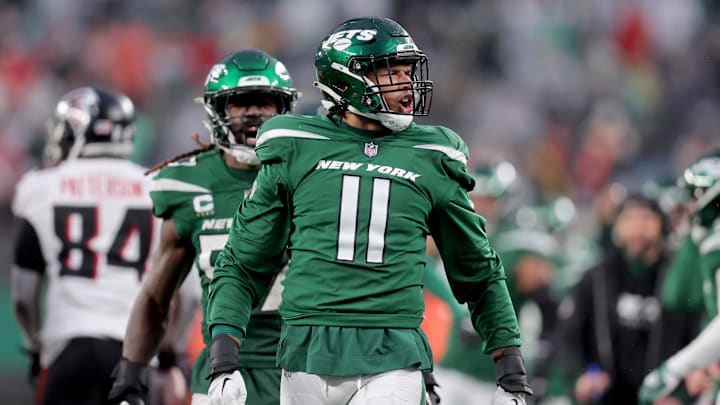 Dec 3, 2023; East Rutherford, New Jersey, USA; New York Jets linebacker Jermaine Johnson (11) reacts during the fourth quarter against the Atlanta Falcons at MetLife Stadium. Mandatory Credit: Brad Penner-Imagn Images