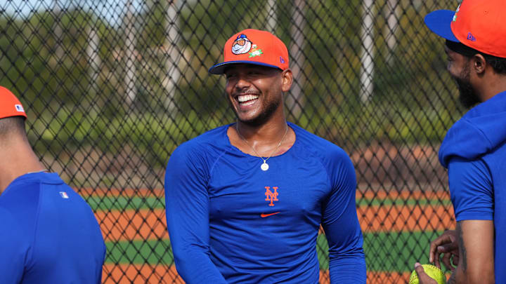 Feb 11, 2026; Port St. Lucie, FL, USA;  New York Mets pitcher Freddy Peralta (51) warms-up during spring practice. Mandatory Credit: Jim Rassol-Imagn Images