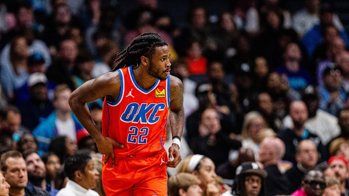 Apr 7, 2024; Charlotte, North Carolina, USA; Oklahoma City Thunder guard Cason Wallace (22) Apr 7, 2024; Charlotte, North Carolina, USA; Oklahoma City Thunder guard Cason Wallace (22)