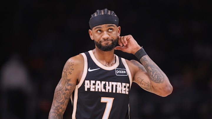 Nov 18, 2025; Atlanta, Georgia, USA; Atlanta Hawks guard Nickeil Alexander-Walker (7) in action against the Detroit Pistons in the third quarter at State Farm Arena. Mandatory Credit: Brett Davis-Imagn Images
