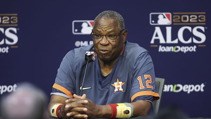 Oct 14, 2023; Houston, TX, US; Houston Astros manager Dusty Baker talks with the media before ALCS
