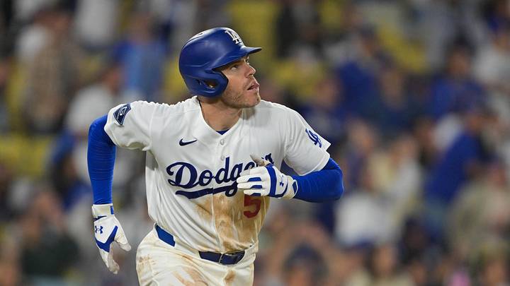 Jun 5, 2026; Los Angeles, California, USA;  Los Angeles Dodgers first baseman Freddie Freeman (5) hits a walk off solo home run during the ninth inning against the Los Angeles Angels at Dodger Stadium. Mandatory Credit: Jayne Kamin-Oncea-Imagn Images