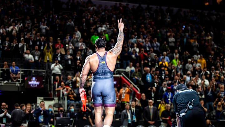 Minnesota's Gable Steveson reacts after his match at 285 pounds in the finals during the sixth session of the NCAA Division I Wrestling Championships, Saturday, March 19, 2022, at Little Caesars Arena in Detroit, Mich.

220319 Ncaa Session 6 Wr 026 Jpg