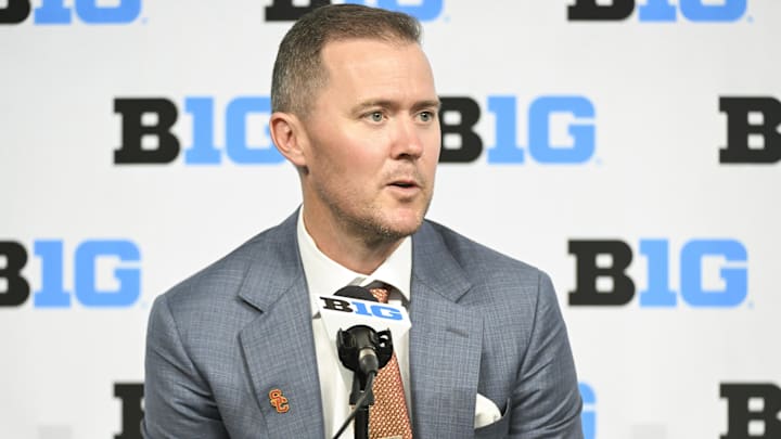 Jul 24, 2024; Indianapolis, IN, USA; USC Trojans head coach Lincoln Riley speaks to the media during the Big 10 football media day at Lucas Oil Stadium. Mandatory Credit: Robert Goddin-Imagn Images