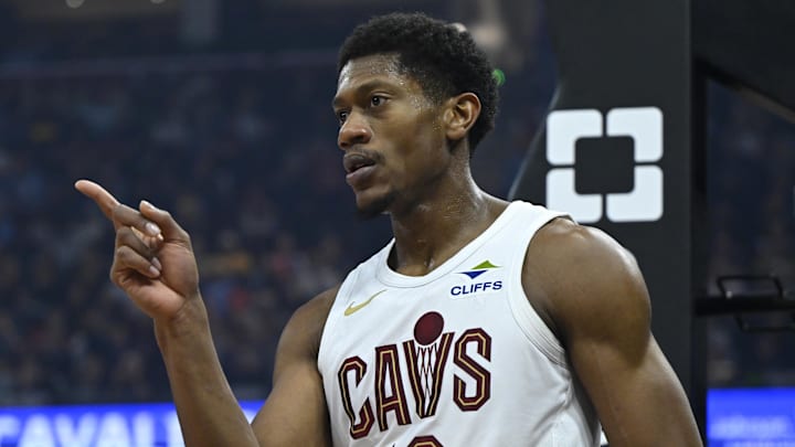 Nov 13, 2025; Cleveland, Ohio, USA; Cleveland Cavaliers forward De'Andre Hunter (12) reacts after scoring in the first quarter against the Toronto Raptors at Rocket Arena. Mandatory Credit: David Richard-Imagn Images