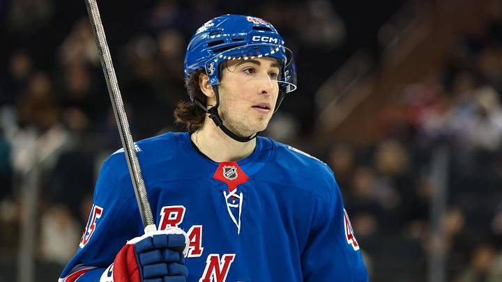 Apr 5, 2026; New York, New York, USA; New York Rangers defenseman Drew Fortescue (45) skates against the Washington Capitals during the third period at Madison Square Garden. Mandatory Credit: Danny Wild-Imagn Images
