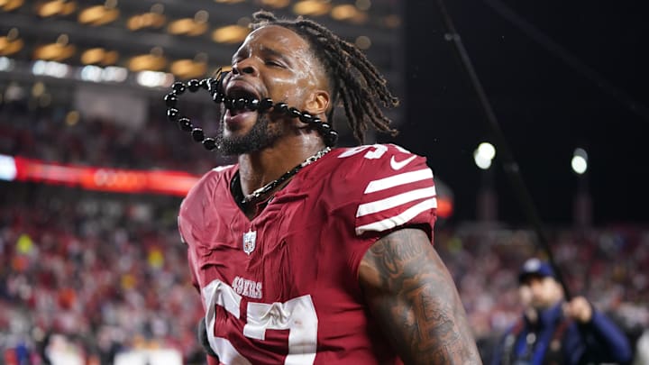 January 20, 2024; Santa Clara, CA, USA; San Francisco 49ers linebacker Dre Greenlaw (57) celebrates after defeating the Green Bay Packers in a 2024 NFC divisional round game at Levi's Stadium. Mandatory Credit: Kyle Terada-Imagn Images