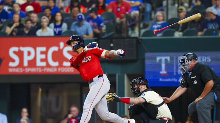 Mar 28, 2025; Arlington, Texas, USA; Boston Red Sox second baseman Kristian Campbell (28) loses his bat during the second inning against the Texas Rangers at Globe Life Field. Mandatory Credit: Kevin Jairaj-Imagn Images Mar 28, 2025; Arlington, Texas, USA; Boston Red Sox second baseman Kristian Campbell (28) loses his bat during the second inning against the Texas Rangers at Globe Life Field. Mandatory Credit: Kevin Jairaj-Imagn Images