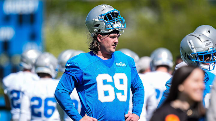 Detroit Lions offensive lineman Tate Ratledge (69) practices during rookie mini camp at Meijer Performance Center in Allen Park on Friday, May 9, 2025.