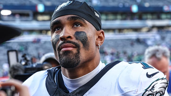 Oct 20, 2024; East Rutherford, New Jersey, USA; Philadelphia Eagles quarterback Jalen Hurts (1) looks up after the game against the New York Giants at MetLife Stadium. Mandatory Credit: Vincent Carchietta-Imagn Images Oct 20, 2024; East Rutherford, New Jersey, USA; Philadelphia Eagles quarterback Jalen Hurts (1) looks up after the game against the New York Giants at MetLife Stadium. Mandatory Credit: Vincent Carchietta-Imagn Images