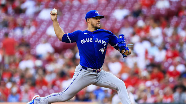 Sep 2, 2025; Cincinnati, Ohio, USA; Toronto Blue Jays starting pitcher Jose Berrios (17) pitches against the Cincinnati Reds in the first inning at Great American Ball Park. 