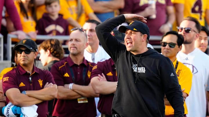Arizona State head coach Kenny Dillingham argues with a call against BYU during the second half at Mountain America Stadium in Tempe on Nov. 23, 2024. Arizona State head coach Kenny Dillingham argues with a call against BYU during the second half at Mountain America Stadium in Tempe on Nov. 23, 2024.
