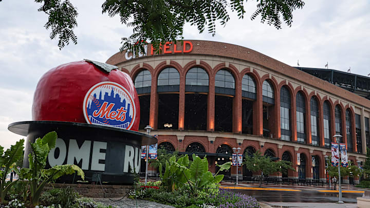 Jul 1, 2025; New York City, New York, USA; A general view outside of Citi Field. The game between the New York Mets and the Milwaukee Brewers was postponed due to impending weather.  Mandatory Credit: Vincent Carchietta-Imagn Images