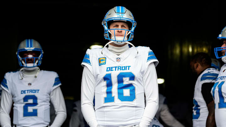 Detroit Lions quarterback Jared Goff (16) looks on before taking the field against Chicago Bears at Soldier Field in Chicago, Ill. on Sunday, Dec. 22, 2024.