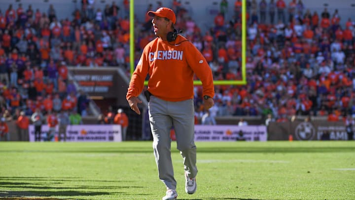 Clemson Tigers head coach Dabo Swinney yells downfield Saturday, Nov. 1, 2025, during the NCAA football game against the Duke Blue Devils at Memorial Stadium in Clemson, South Carolina.