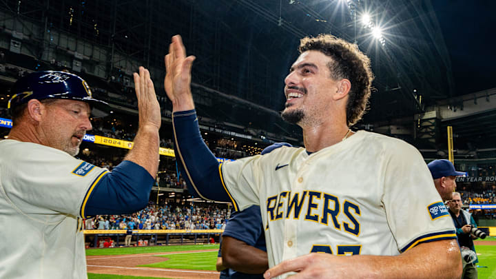 Milwaukee Brewers shortstop Willy Adames (27) celebrates the victory over the Philadelphia Phillies and winning the NL Central Division championship on Wednesday September 18, 2024 at American Family Field in Milwaukee, Wis.