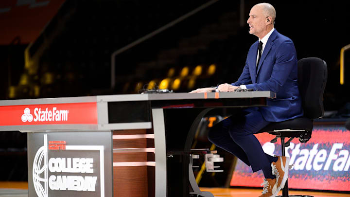 ESPN's Jay Bilas speaks during ESPN's 'College GameDay' broadcast ahead of No. 4 Tennessee's basketball game against No. 10 Texas at Thompson-Boling Arena in Knoxville, Tenn., on Saturday, Jan. 28, 2023.

Kns Ut Basketball College Gameday