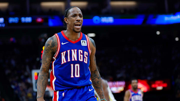 Feb 21, 2025; Sacramento, California, USA; Sacramento Kings forward DeMar DeRozan (10) reacts after a play during the second quarter against the Golden State Warriors at Golden 1 Center. Mandatory Credit: Sergio Estrada-Imagn Images