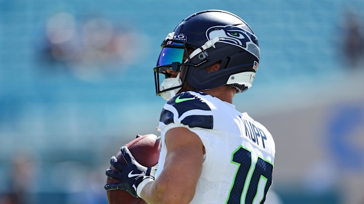 Oct 12, 2025; Jacksonville, Florida, USA; Seattle Seahawks wide receiver Cooper Kupp (10) warms up before the game against the Jacksonville Jaguars at EverBank Stadium. Mandatory Credit: Morgan Tencza-Imagn Images