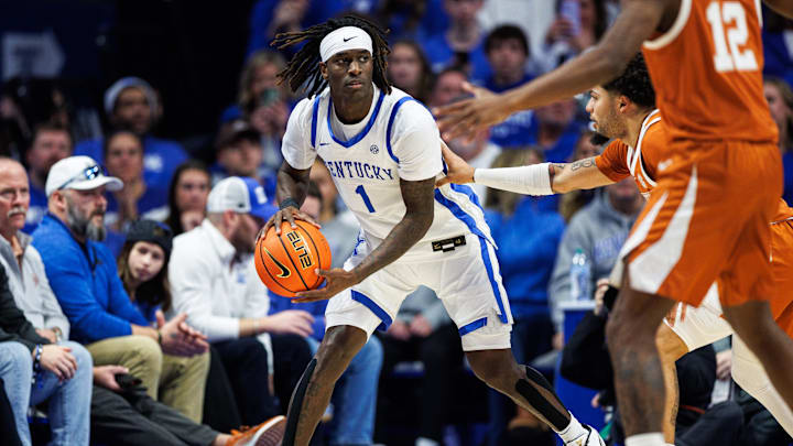 Jan 21, 2026; Lexington, Kentucky, USA; Kentucky Wildcats guard Denzel Aberdeen (1) handles the ball during the first half against the Texas Longhorns at Rupp Arena at Central Bank Center. Mandatory Credit: Jordan Prather-Imagn Images Jan 21, 2026; Lexington, Kentucky, USA; Kentucky Wildcats guard Denzel Aberdeen (1) handles the ball during the first half against the Texas Longhorns at Rupp Arena at Central Bank Center. Mandatory Credit: Jordan Prather-Imagn Images