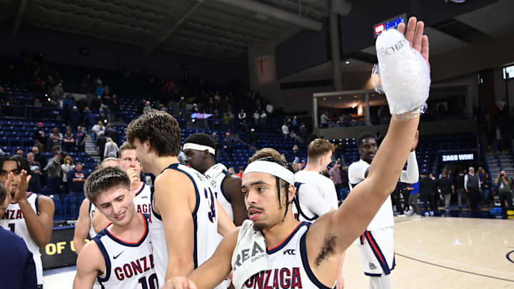 Nov 15, 2024; Spokane, Washington, USA; Gonzaga Bulldogs guard Ryan Nembhard (0) waves to the crowd after a game against the UMass Lowell River Hawks at McCarthey Athletic Center. Mandatory Credit: James Snook-Imagn Images