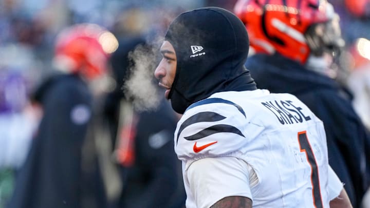 Cincinnati Bengals wide receiver Ja'Marr Chase (1) walks the sideline in the fourth quarter of the NFL Week 15 game between the Cincinnati Bengals and the Baltimore Ravens at Paycor Stadium in Cincinnati on Sunday, Dec. 14, 2025. The Bengals were shut out, 24-0.