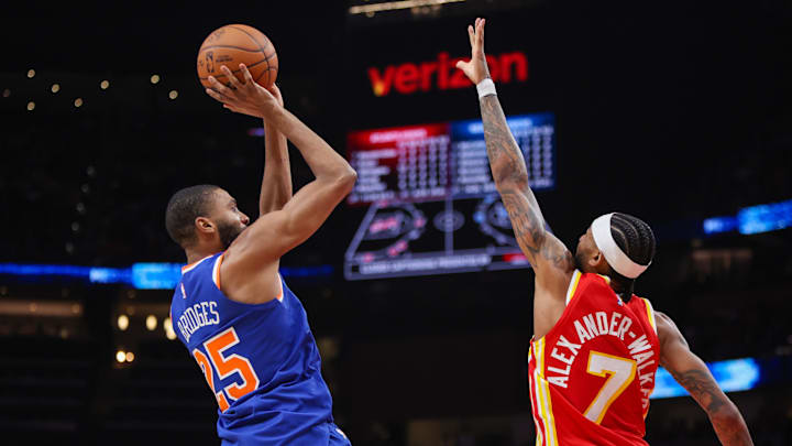Dec 27, 2025; Atlanta, Georgia, USA; New York Knicks guard Mikal Bridges (25) shoots over Atlanta Hawks guard Nickeil Alexander-Walker (7) in the second quarter at State Farm Arena. Mandatory Credit: Brett Davis-Imagn Images
Dec 27, 2025; Atlanta, Georgia, USA; New York Knicks guard Mikal Bridges (25) shoots over Atlanta Hawks guard Nickeil Alexander-Walker (7) in the second quarter at State Farm Arena. Mandatory Credit: Brett Davis-Imagn Images