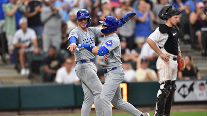 Jul 26, 2025; Chicago, Illinois, USA; Chicago Cubs third baseman Matt Shaw (6) celebrates his two-run home run with second baseman Nico Hoerner (2) during the seventh inning against the Chicago White Sox at Rate Field. Mandatory Credit: Patrick Gorski-Imagn Images