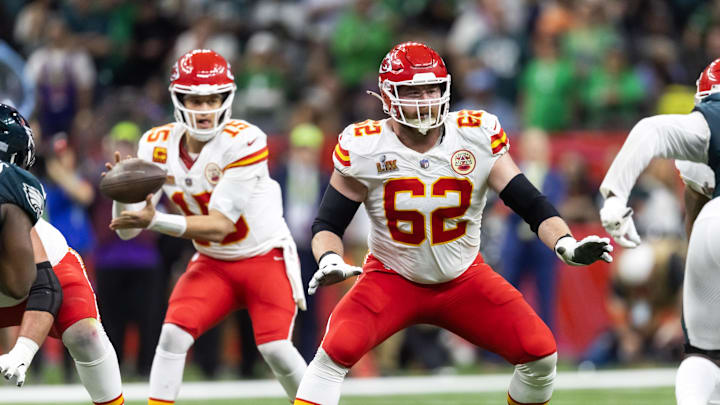 Feb 9, 2025; New Orleans, LA, USA;  Kansas City Chiefs guard Joe Thuney (62)  blocks for quarterback Patrick Mahomes (15) against the Philadelphia Eagles in Super Bowl LIX at Ceasars Superdome. Mandatory Credit: Mark J. Rebilas-Imagn Images