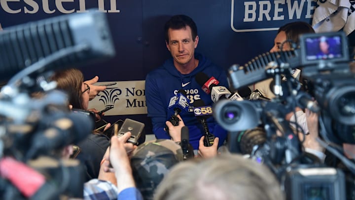 May 27, 2024; Milwaukee, Wisconsin, USA; Chicago Cubs manager Craig Counsell faces a crowd of reporters before game against the Milwaukee Brewers at American Family Field.