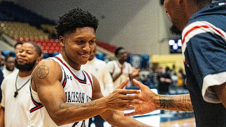 Jackson State guard Daeshun Ruffin (24) completes a pregame handshake before an exhibition men’s college basketball game between Jackson State and Southern Miss at Lee E. Williams Athletics and Assembly Center in Jackson, Miss., on Monday, Oct. 27, 2025. Southern Miss defeated Jackson State 81-71.