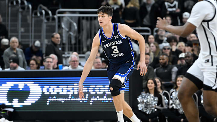 Dec 3, 2024; Providence, Rhode Island, USA; Brigham Young Cougars guard Egor Demin (3) dribbles against the Providence Friars during the second half at Amica Mutual Pavilion. Mandatory Credit: Eric Canha-Imagn Images
