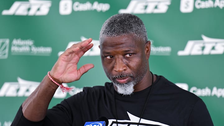 Jul 24, 2025; Florham Park, NY, USA; New York Jets head coach Aaron Glenn speaks to the media during training camp at Atlantic Health Jets Training Center. Mandatory Credit: John Jones-Imagn Images