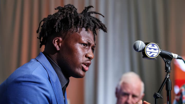 Texas Longhorns linebacker Anthony Hill Jr. answers questions from the media during SEC Media Days at Omni Atlanta Hotel.
