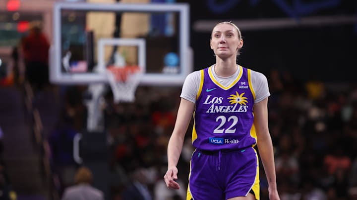 Sep 3, 2025; College Park, Georgia, USA; Los Angeles Sparks forward Cameron Brink (22) in action against the Atlanta Dream in the second quarter at Gateway Center Arena at College Park. Mandatory Credit: Brett Davis-Imagn Images Sep 3, 2025; College Park, Georgia, USA; Los Angeles Sparks forward Cameron Brink (22) in action against the Atlanta Dream in the second quarter at Gateway Center Arena at College Park. Mandatory Credit: Brett Davis-Imagn Images