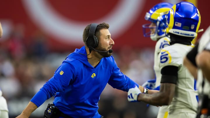 Nov 26, 2023; Glendale, Arizona, USA; Los Angeles Rams tight ends coach Nick Caley against the Arizona Cardinals at State Farm Stadium. Mandatory Credit: Mark J. Rebilas-USA TODAY Sports