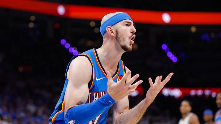 May 20, 2026; Oklahoma City, Oklahoma, USA; Oklahoma City Thunder guard Alex Caruso (9) reacts to a play during the fourth quarter against the San Antonio Spurs during game two of the western conference finals for the 2026 NBA playoffs at Paycom Center. Mandatory Credit: Alonzo Adams-Imagn Images
