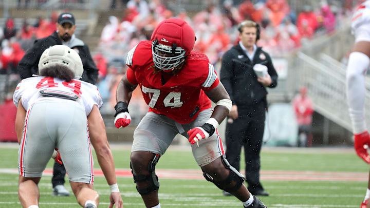 Apr 18, 2026; Columbus, OH, USA;  Ohio State offensive lineman Carter Lowe (74) blocks during the second half as part of the annual spring game at Ohio Stadium. Mandatory Credit: Joseph Maiorana-Imagn Images