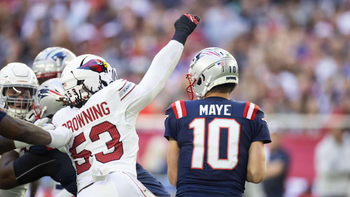 New England Patriots quarterback Drake Maye. Mandatory Credit: Mark J. Rebilas-Imagn Images
