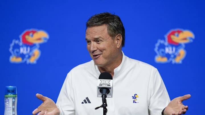 Oct 23, 2024; Kansas City, MO, USA; Kansas Jayhawks head coach Bill Self talks to media during the Big 12 Men’s Basketball Media Day at T-Mobile Center. Mandatory Credit: Jay Biggerstaff-Imagn Images