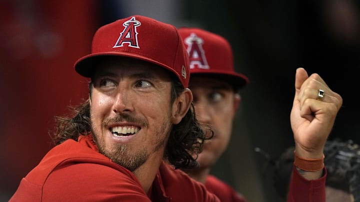 Oct 3, 2022; Oakland, California, USA; Los Angeles Angels starting pitcher Michael Lorenzen (25) during the third inning against the Oakland Athletics at RingCentral Coliseum. Mandatory Credit: Darren Yamashita-Imagn Images