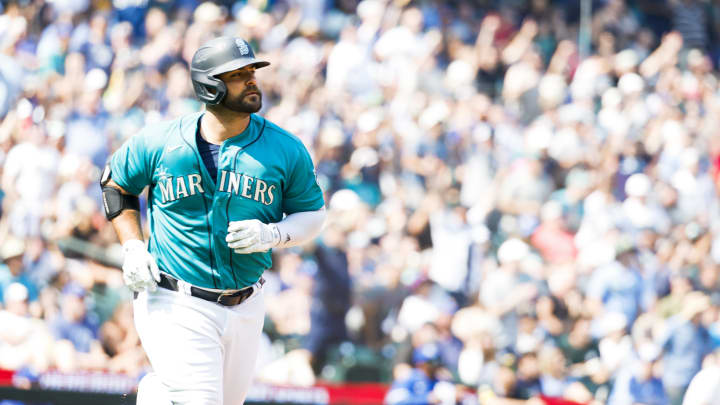 Seattle Mariners designated hitter Mike Ford (20) watches his two-run home run against the Kansas City Royals during the third inning at T-Mobile Park in 2023.