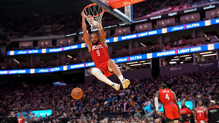 Apr 6, 2025; San Francisco, California, USA; Houston Rockets guard Dillon Brooks (9) dunks the ball against the Golden State Warriors in the third quarter at the Chase Center. Mandatory Credit: Cary Edmondson-Imagn Images