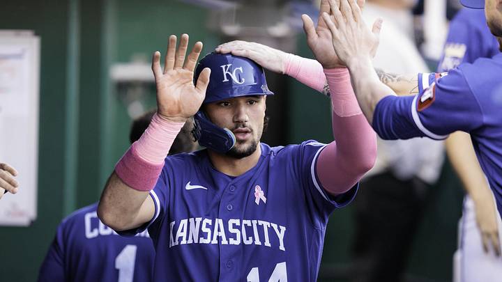 May 10, 2026; Kansas City, Missouri, USA; Kansas City Royals right fielder Jac Caglianone (14) celebrates in the dugout after scoring during the fourth inning against the Detroit Tigers at Kauffman Stadium. Mandatory Credit: William Purnell-Imagn Images May 10, 2026; Kansas City, Missouri, USA; Kansas City Royals right fielder Jac Caglianone (14) celebrates in the dugout after scoring during the fourth inning against the Detroit Tigers at Kauffman Stadium. Mandatory Credit: William Purnell-Imagn Images